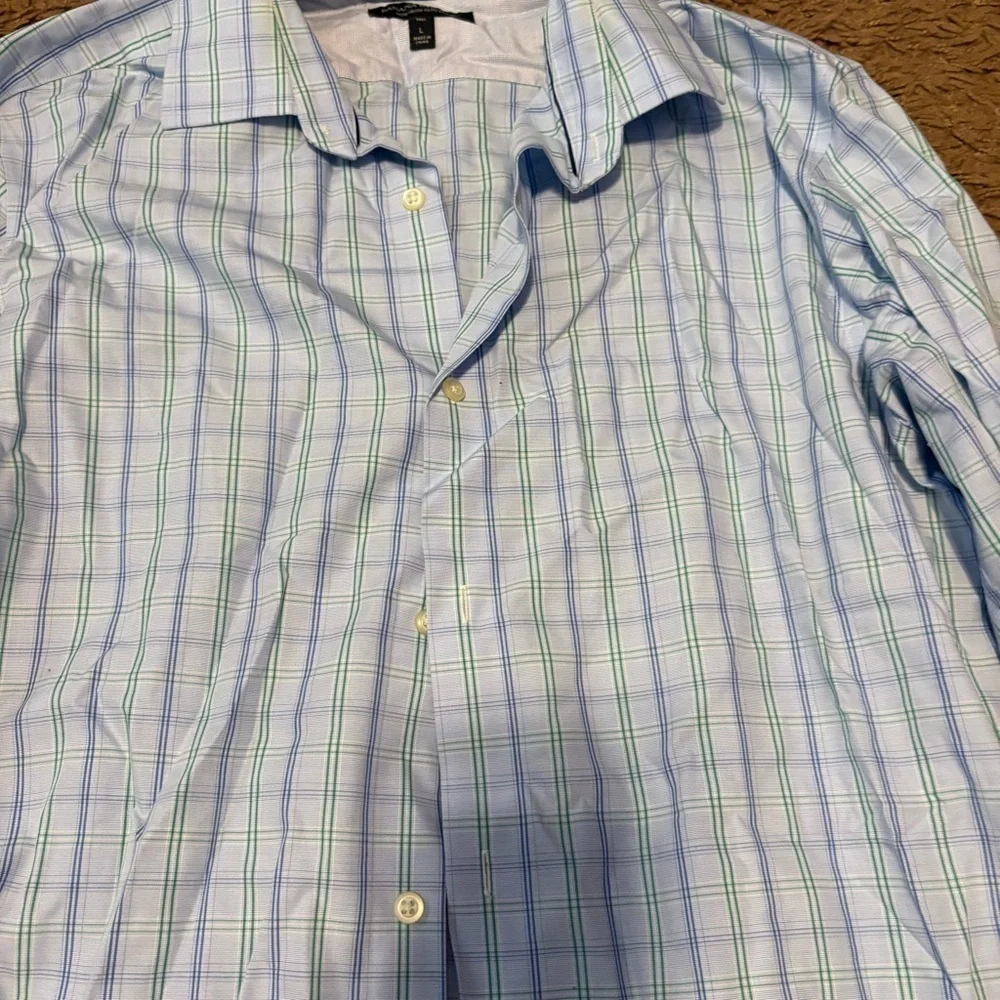 Banana Republic Men's Light Blue Green Plaid Shirt Large Tall Non Iron Slim Fit